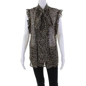 Costarellos Womens Leopard Print Tie Collar Ruffle Blouse Brown Size 38